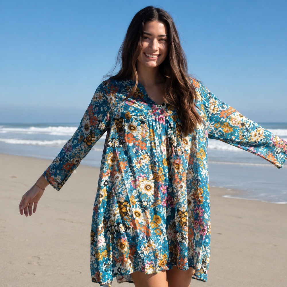 Natural Life Blue Floral Boho Mini Swim Cover Up In A Bag Tunic Size Medium - Picture 2 of 12